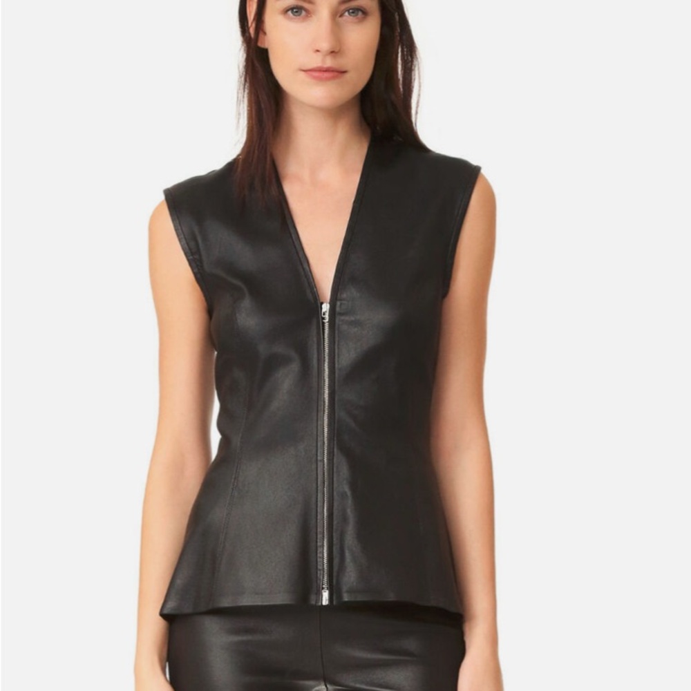 Veronica Beard Midnight peplum leather vest, 2 way zip front with knit back - Picture 5 of 5